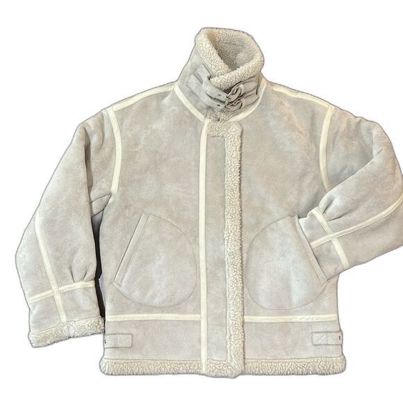 Faux Suede Shearling Aviator Biker Jacket Cream Sherpa Lined Buckle Cozy Est XL - Picture 2 of 10